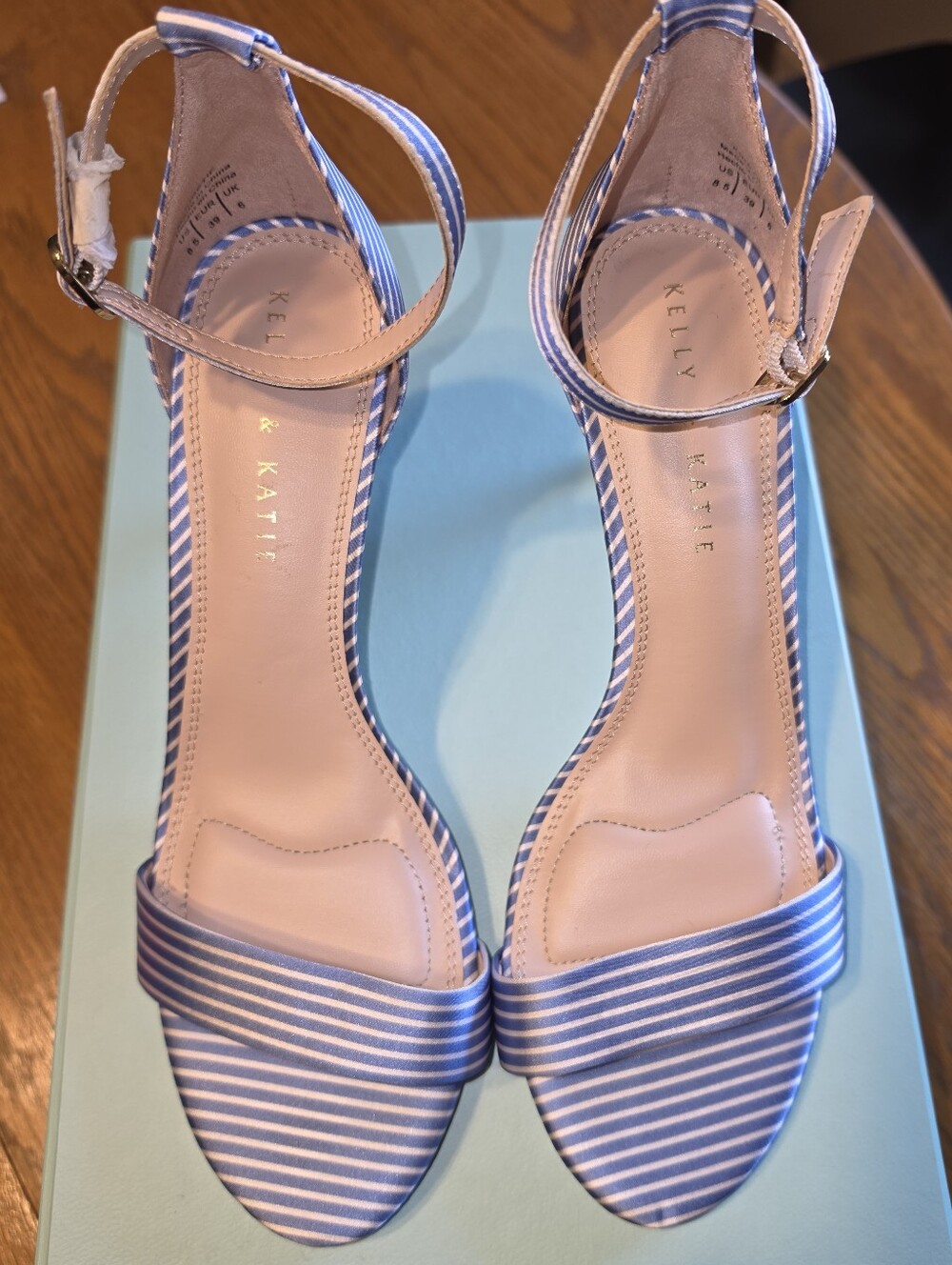 Kelly & Katie Kirstie Blue Stripe Ankle-Strap Sandals 3" Heel